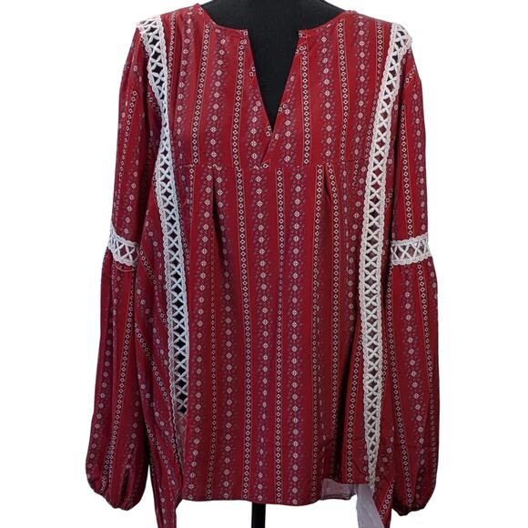Boho Red Peasant Blouse XXL Tribal Print White Lace V-Neck Long Sleeve Top - Picture 2 of 12